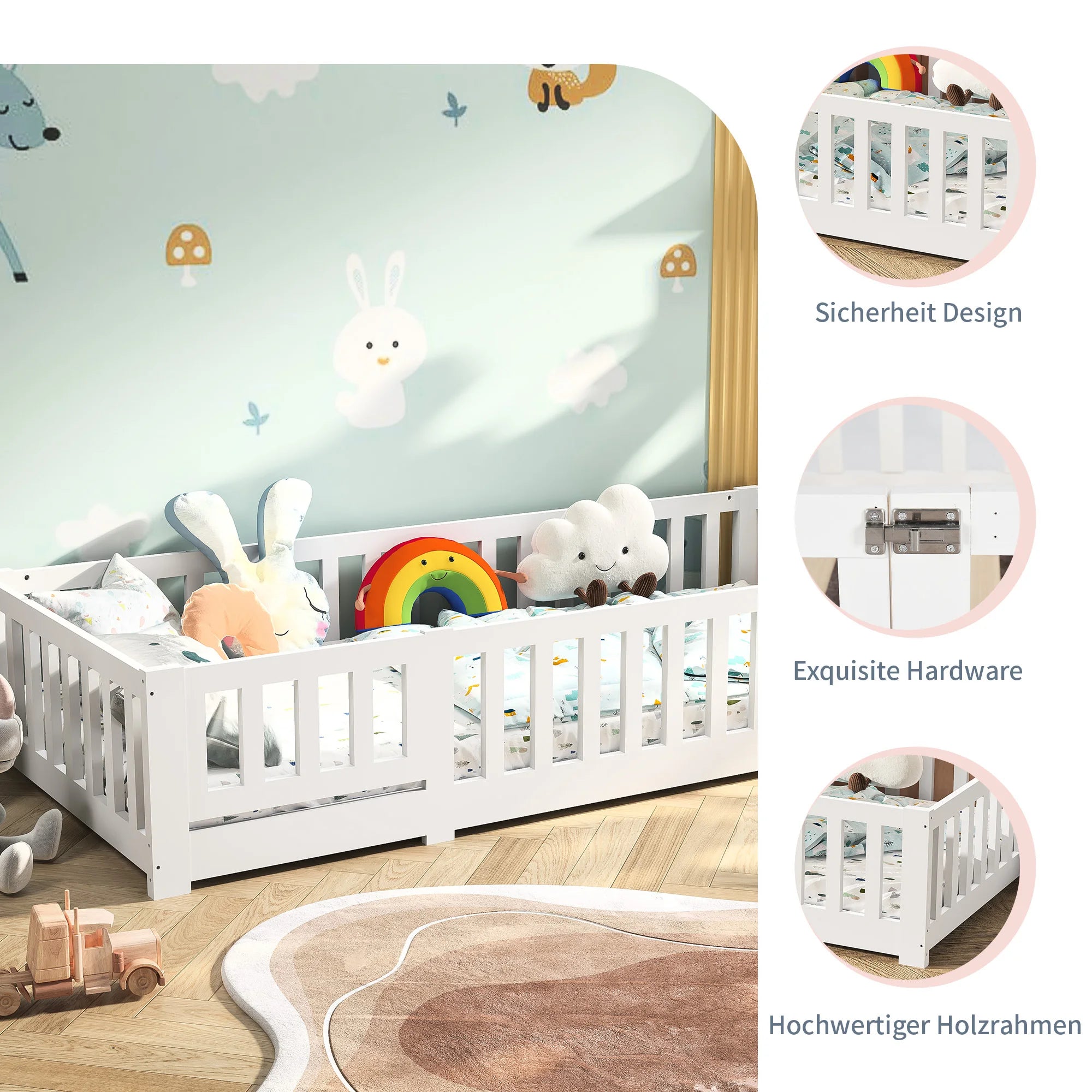 Kinderbett aus Massivholz 90×200 cm – Bodenbett für Jungen & Mädchen